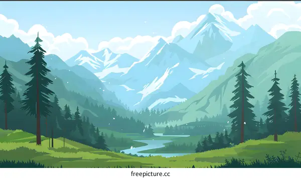 Mountain Landscape With River And Snow Peak