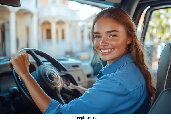 Young Woman Driving a Car in Urban Setting