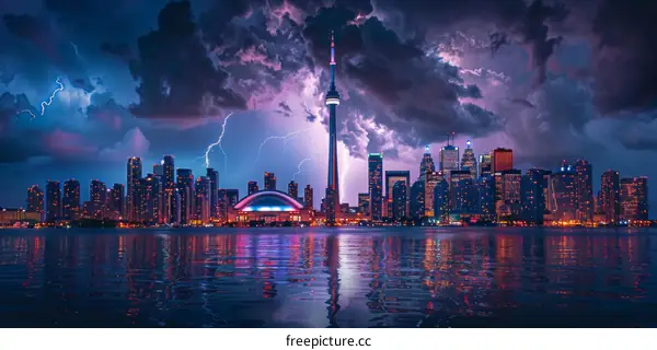 Toronto Skyline with Lightning Over Lake Ontario at Night