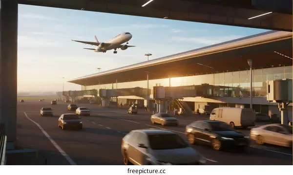 Airplane Taking Off at Modern Airport Terminal with Traffic