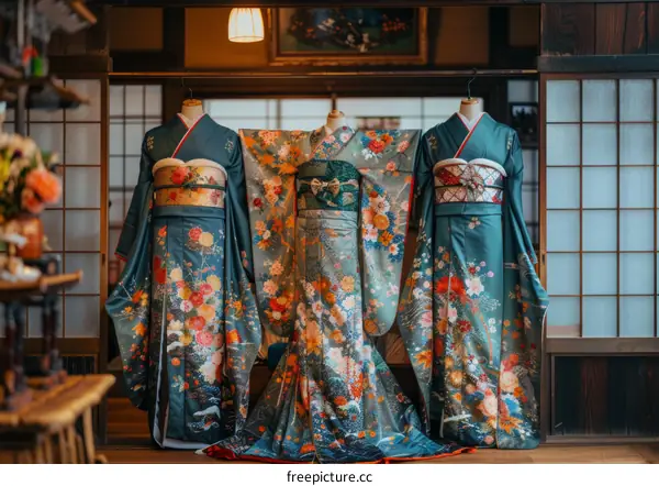 Three traditional Japanese wedding kimono displayed in a room with wooden elements