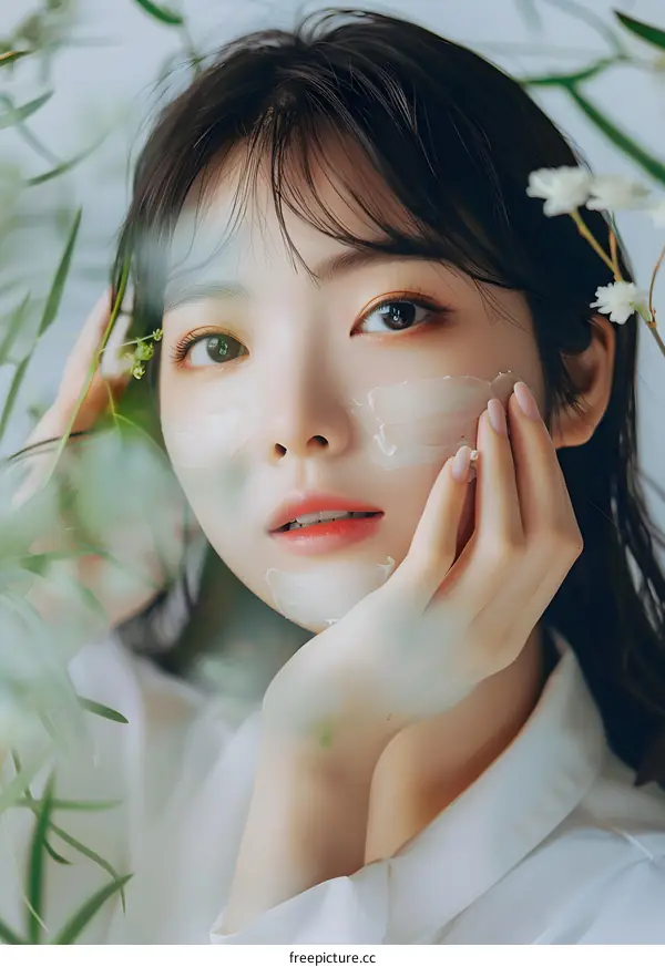 Beautiful Asian Woman Applying Face Cream With Green Plants In Background
