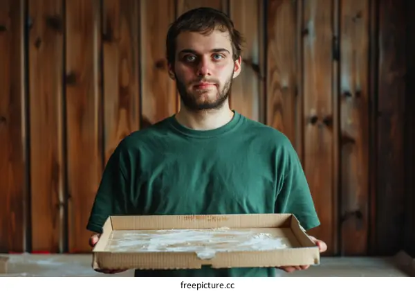 Young caucasian man holding an empty pizza box