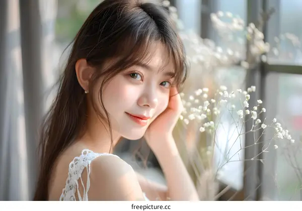 Portrait of a Young Woman with Long Hair in a White Dress