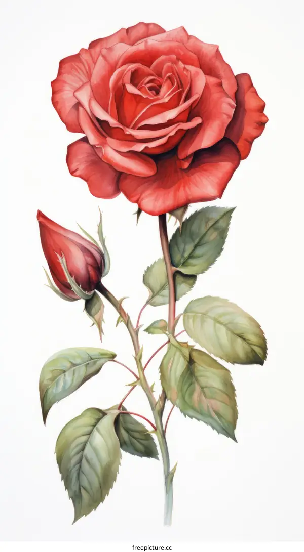 single red rose flower with stem and leaves