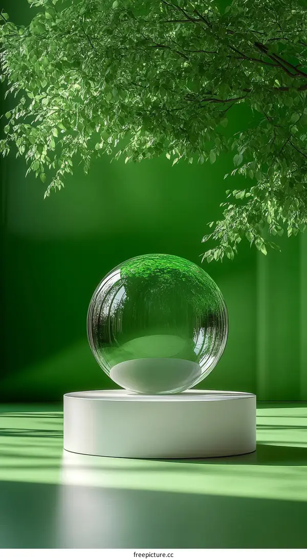 Abstract Green Scene with Transparent Sphere