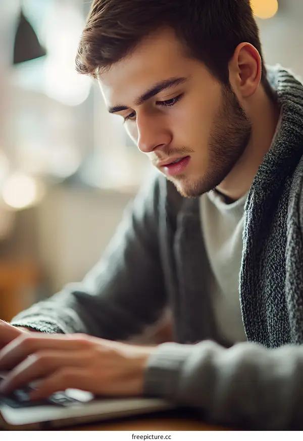 Young Man Typing on Laptop with Serious Expression