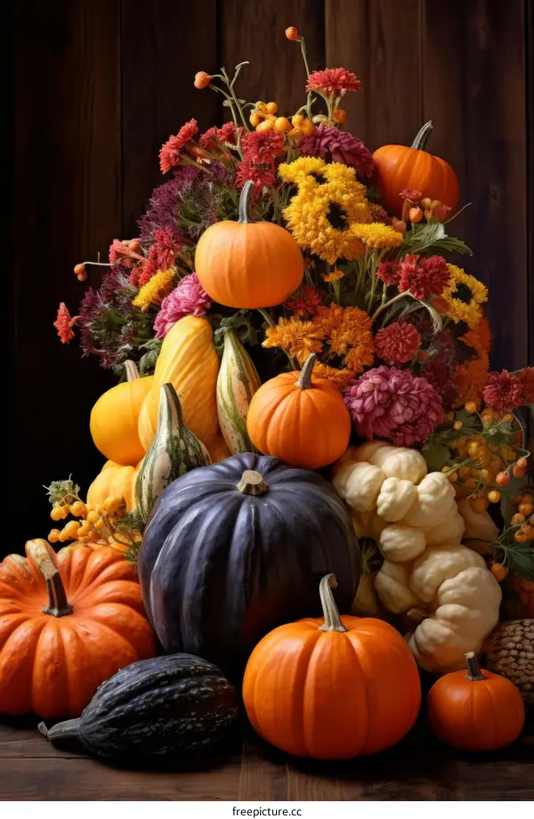 A beautiful still life of pumpkins and flowers