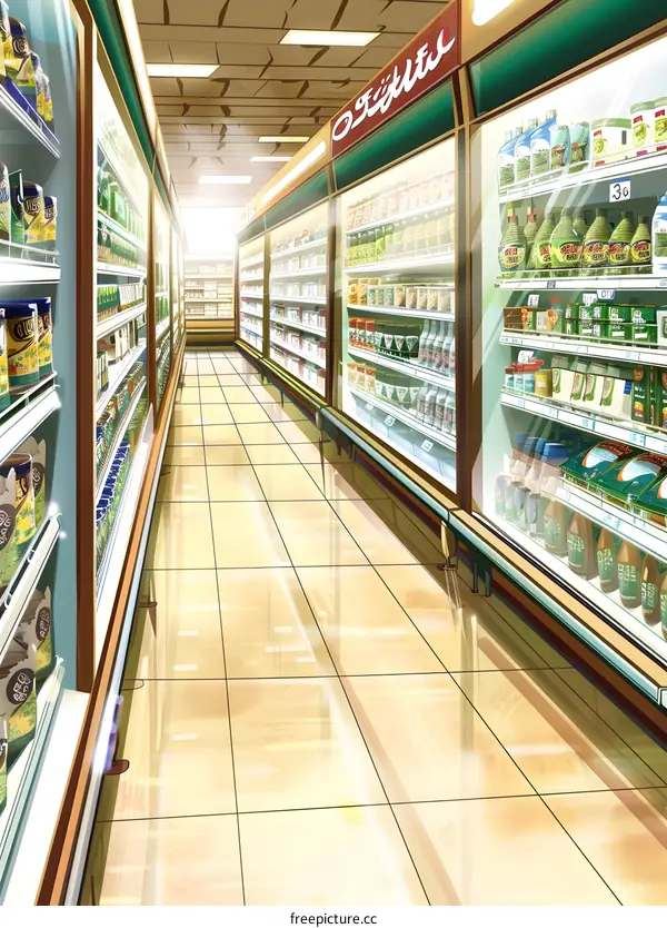 Empty Supermarket Aisle with Products on Shelves