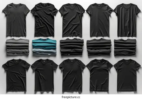 Black t-shirts folded on a white background