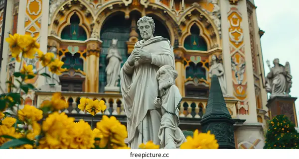 Stone Statues of Religious Figures in Front of a Church with Yellow Flowers
