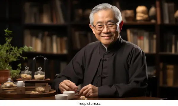 A portrait of a smiling elderly Asian man in a traditional Chinese outfit sitting at a desk in a library.