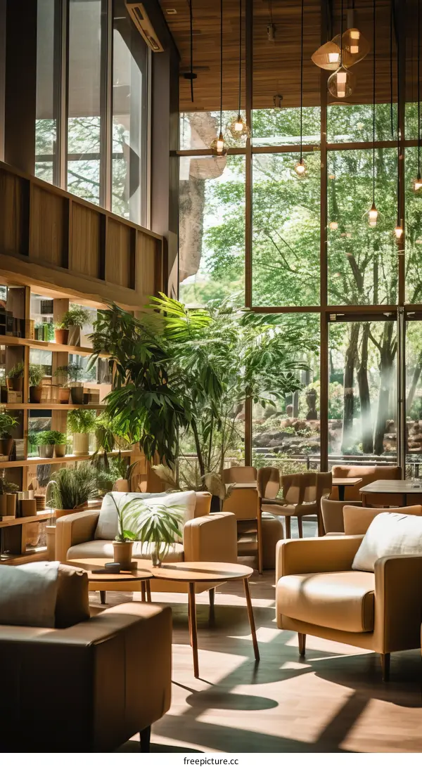 Modern interior of a large house with lots of glass windows and green plants