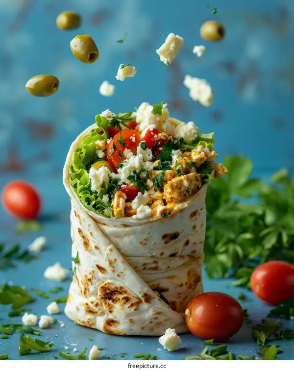 A delicious and healthy wrap with fresh vegetables and feta cheese