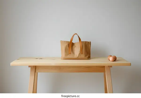 Brown Paper Bag With Leather Handles On Wooden Table