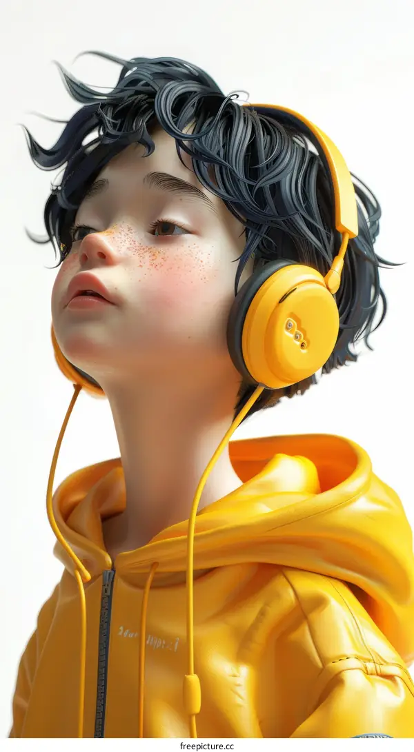3D Illustration of a Boy Wearing Yellow Headphones