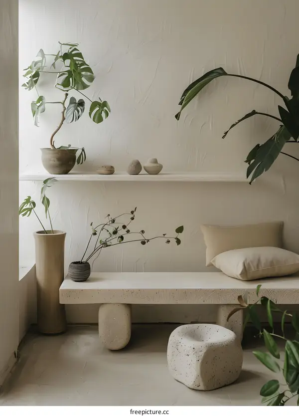 Minimalist Interior Design with Stone Bench and Plants