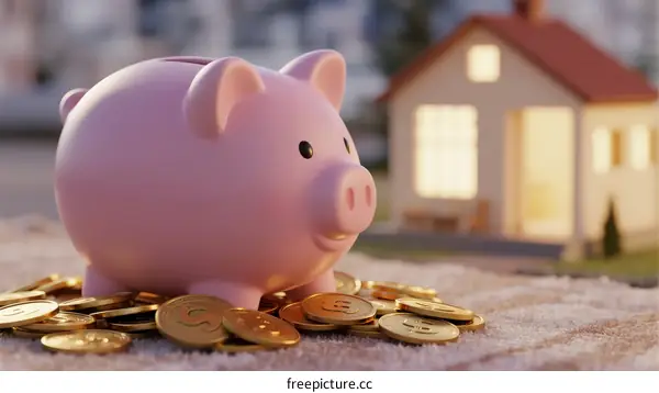 Pink Piggy Bank with Coins and Small House in Background