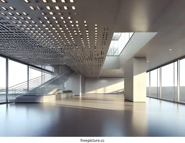 Modern Building Interior Design With Glass Walls And Stairs