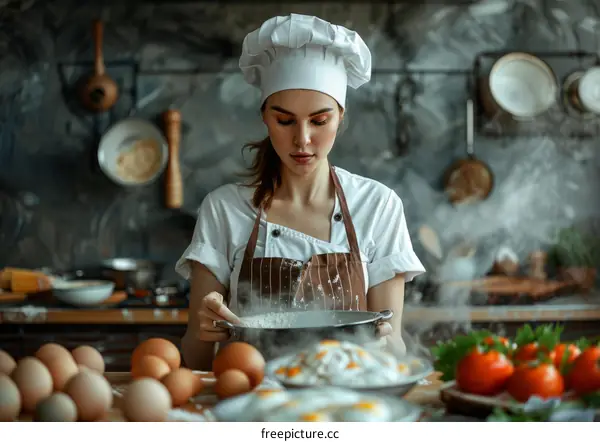 Focused chef sifting flour in commercial kitchen