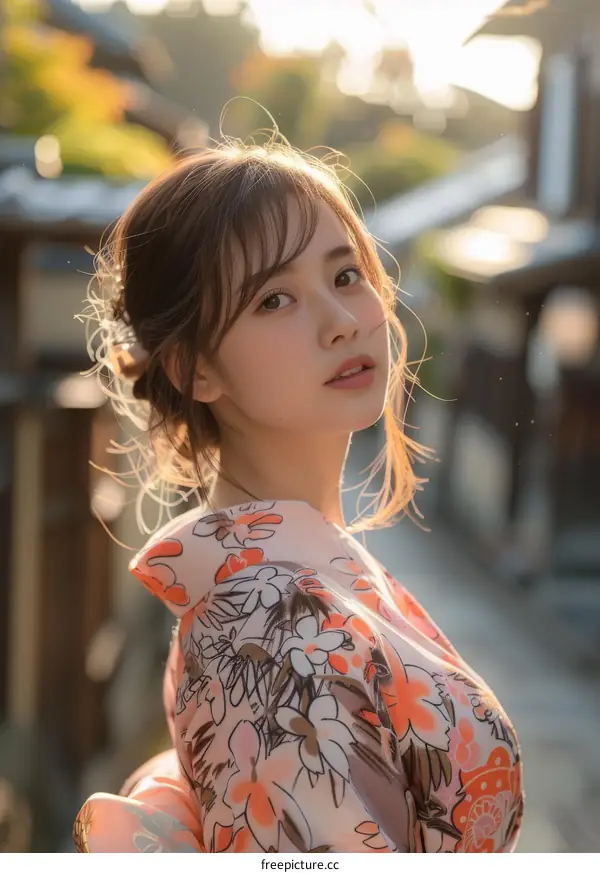 Asian Woman in Traditional Japanese Kimono Outdoors