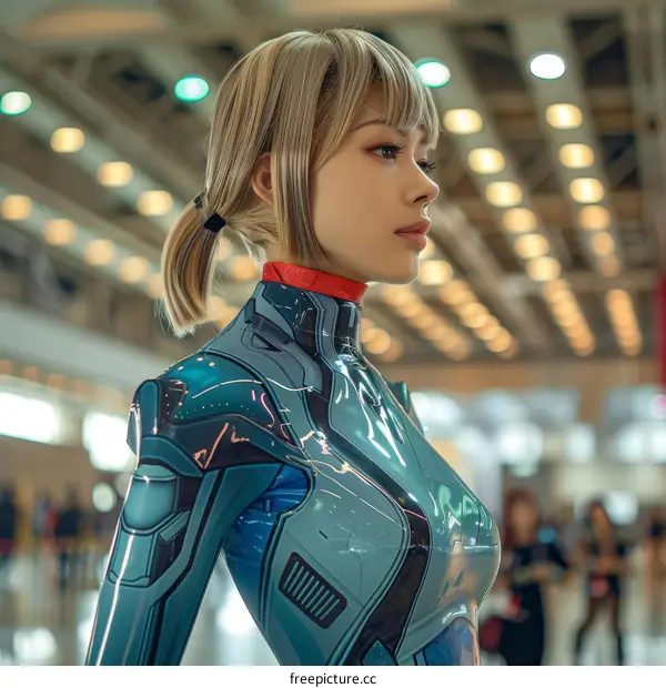 Portrait of a young woman in a blue bodysuit with blonde hair and blue eyes