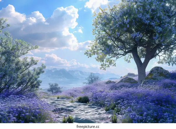 Fantasy Landscape with a Grand Ancient Tree and Vibrant Purple Blooms