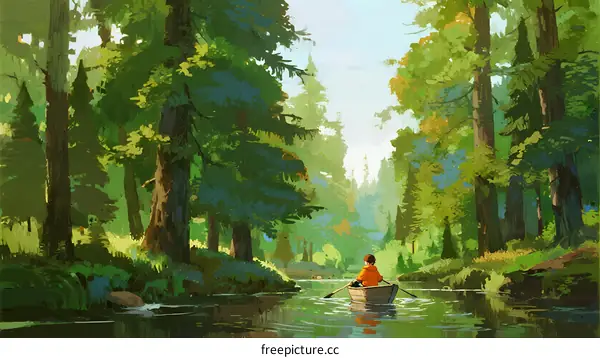 Man Kayaking Through Lush Green Forest River
