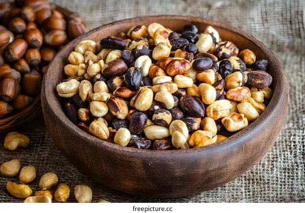 Wooden Bowl Full of Roasted and Salted Mixed Nuts