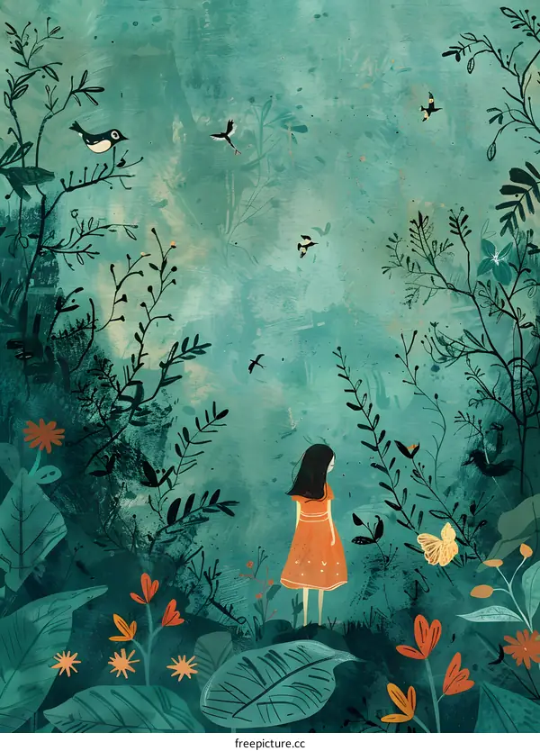 Girl Standing in a Forest Illustration