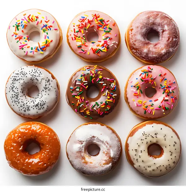 Nine donuts of different flavors arranged on a white background