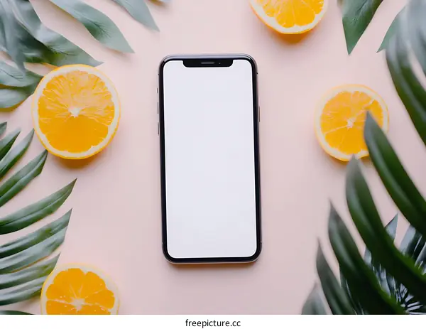 Mockup Smartphone with Tropical Leaves and Oranges
