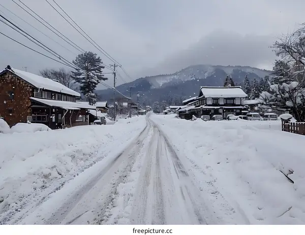 A snow-covered street in a Japanese village