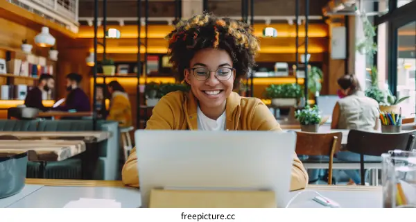 Smiling woman working on laptop in cafe