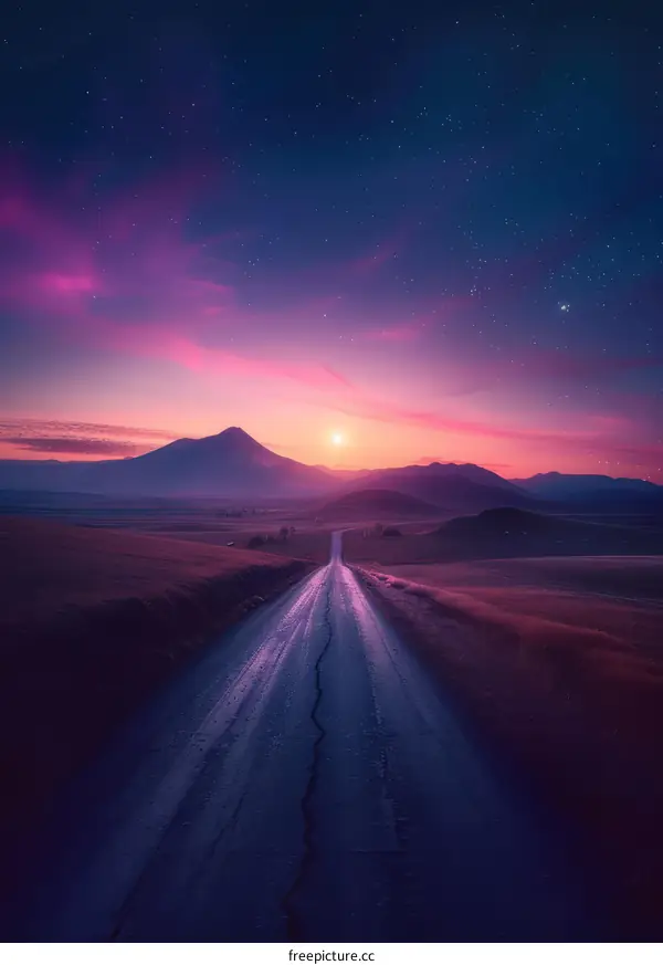 Sunset Country Road Through Rural Field