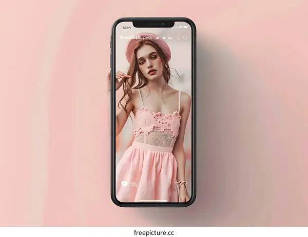 Woman in Pink Dress on Smartphone Screen