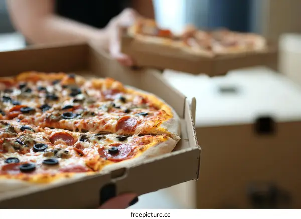 Delicious Pizza in Delivery Box with Two People