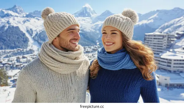 Couple enjoying a winter day in the snowy mountains