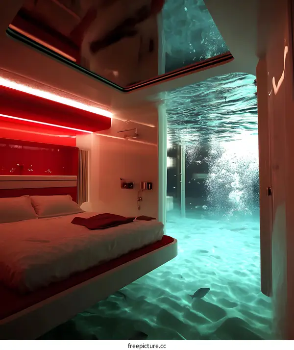 Underwater Bedroom with Glass Ceiling and View of Ocean