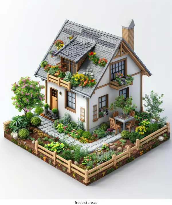 A small cottage with a garden full of flowers