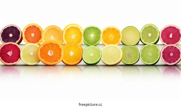 Assortment of Citrus Fruits on White Reflective Surface