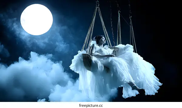 Woman in White Dress on Swing Under Full Moon