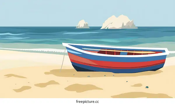 Blue Rowboat on Sandy Beach with Two Small Islands in the Background