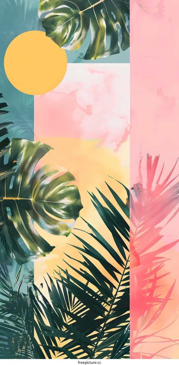 Tropical Leaves Collage with Watercolor Background