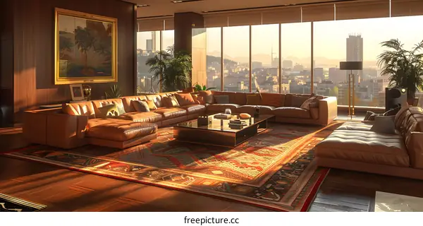 Modern living room interior with large windows and city view