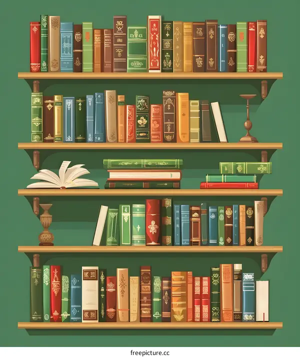 Classic Books On Wooden Bookshelf In Vintage Style