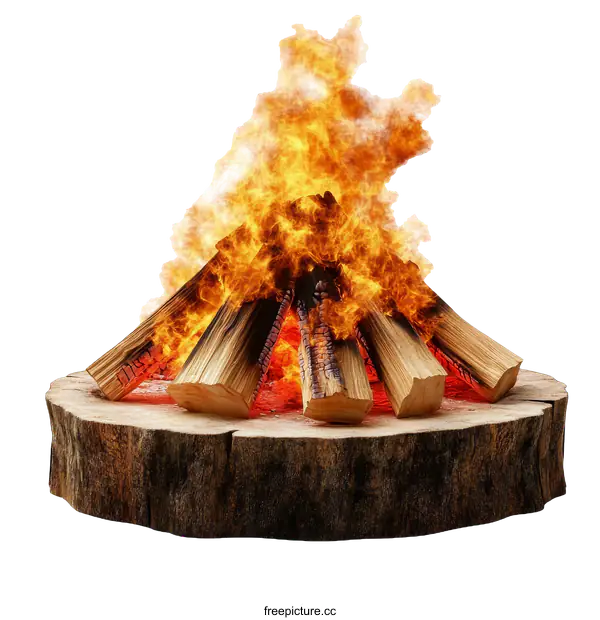 [Transparent Background PNG]Burning Campfire on a Tree Stump