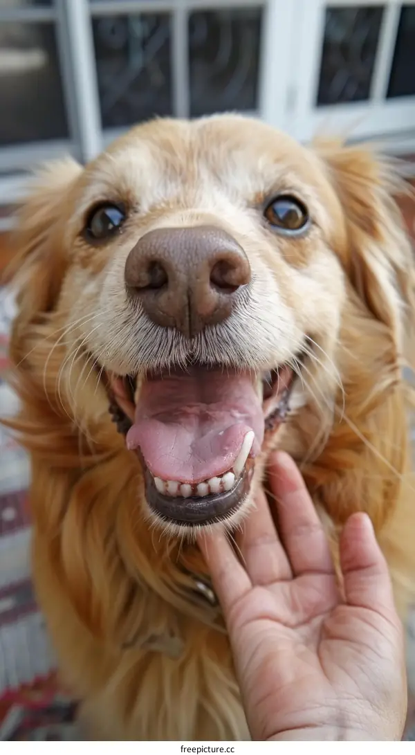 A smiling dog with a person's hand petting it