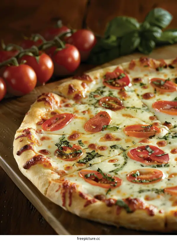 Pizza with Fresh Tomatoes, Basil, and Mozzarella on a Wooden Board