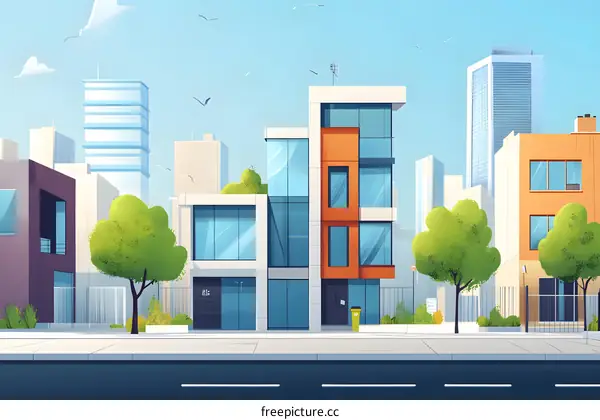 Modern Glass House in Cityscape with Green Trees